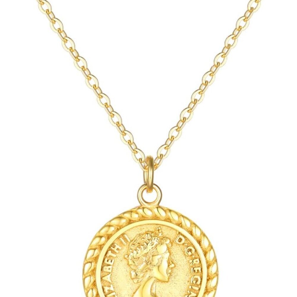 Carved Gold Coin Pendant Necklace for Women,18K Gold Plated Dainty Minimalist Ne